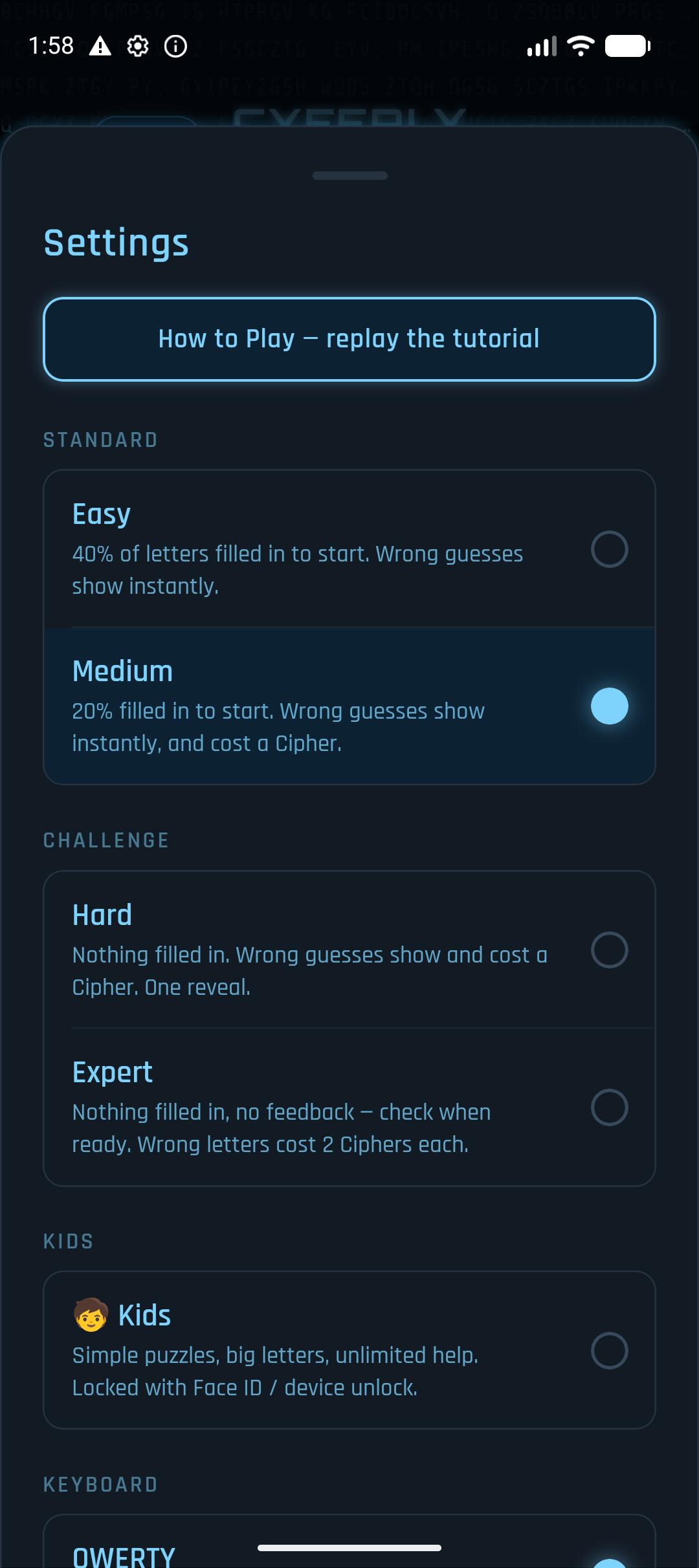 Cyferly settings — Easy, Medium, Hard, Expert, and Kids Mode difficulty options