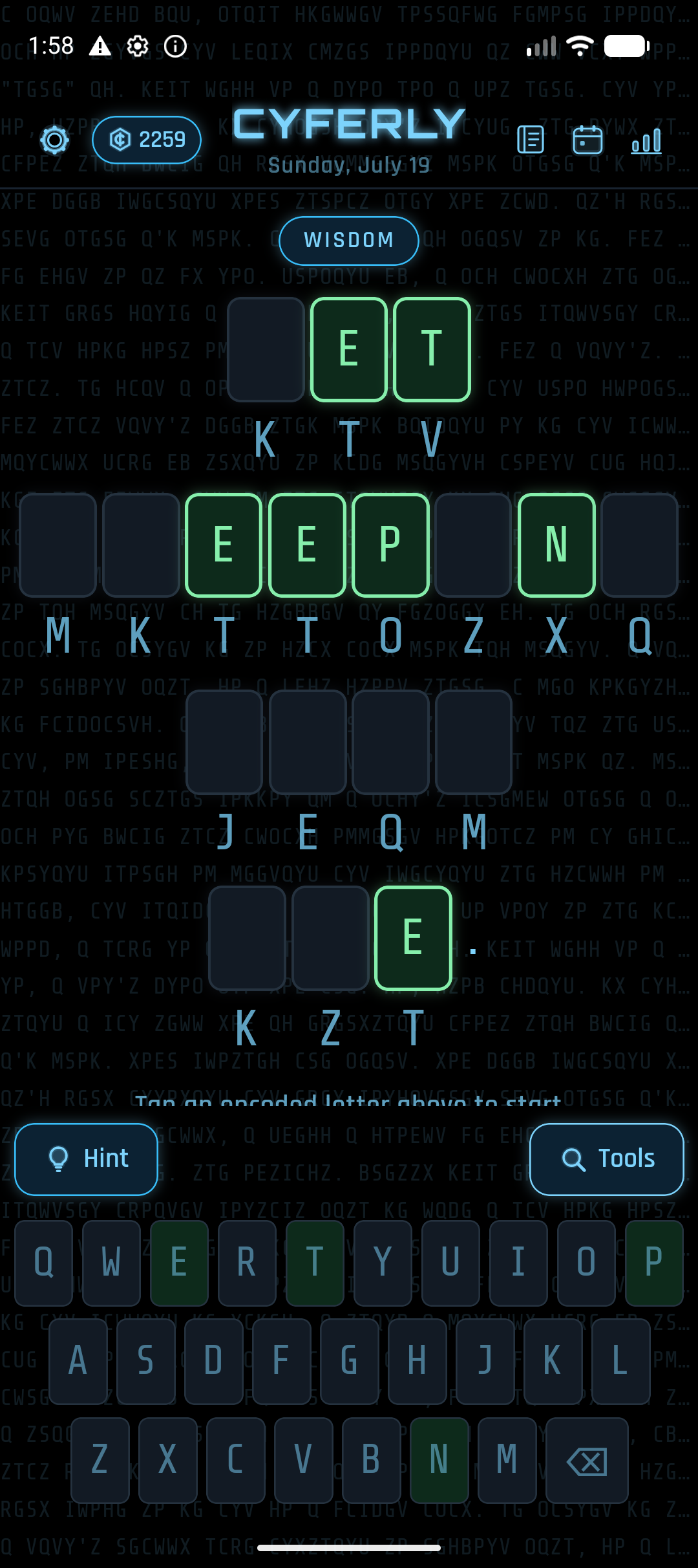 Cyferly gameplay — decoding the daily cipher letter by letter